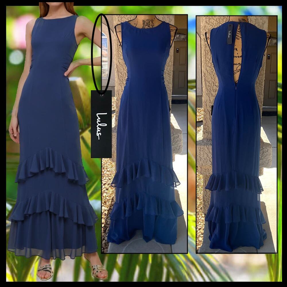 Lulus Lovely Arrival Dark Blue Chiffon Ruffle Tiered Maxi Dress Size L